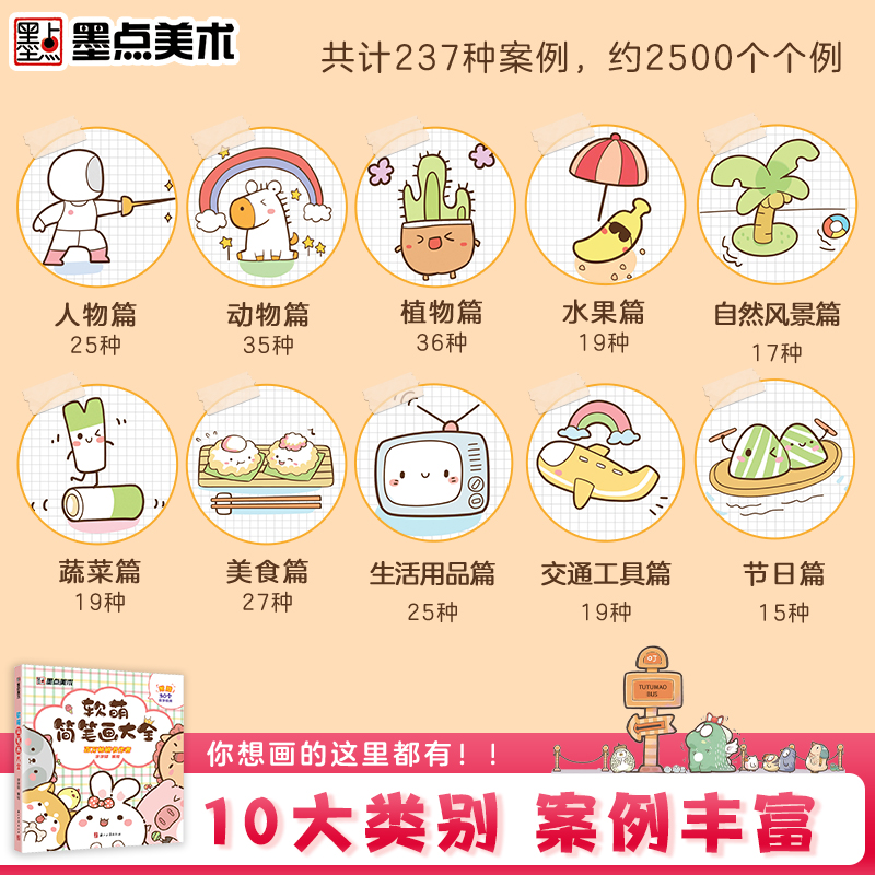 [正版]墨点美术软萌简笔画大全中小学生零基础入门视频讲解丰富案例儿童启蒙学画涂色书书店书籍高清大图
