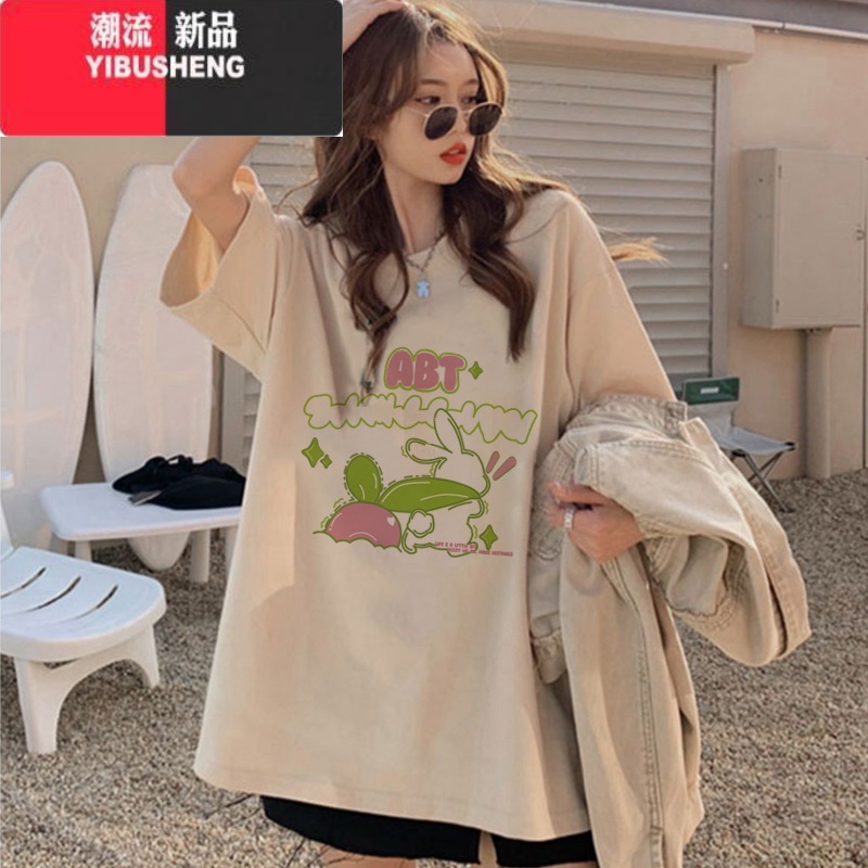 YIBUSHENG趣味卡通t恤女港味chic大码设计感短袖复古慵懒风ins潮上通高清大图