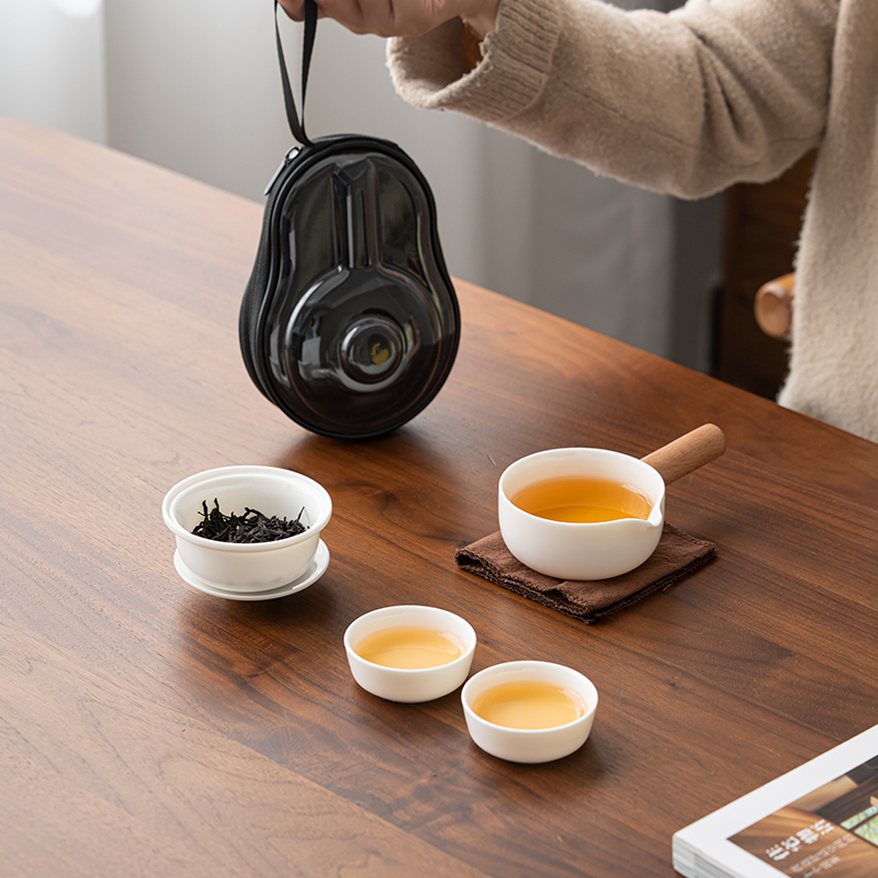 苏氏陶瓷(SUSHI CERAMICS)羊脂玉瓷木柄侧把壶快客杯便捷茶具旅行包