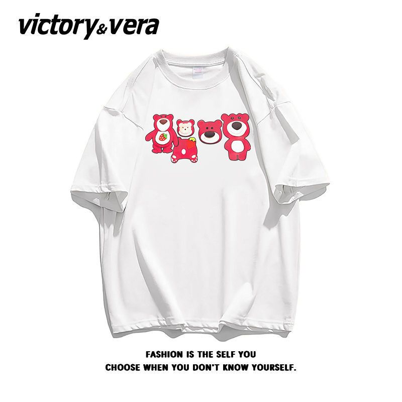 VICTORYVERA夏季2022新款草莓熊印花盐系短袖T恤女纯棉宽松上衣服