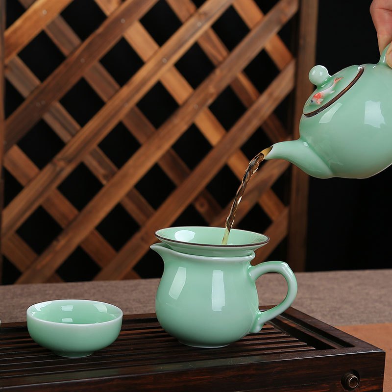 龙泉青瓷茶具套装功夫茶具茶壶盖碗茶杯茶道茶洗整套居家鱼杯生活日用家居器皿水具水杯