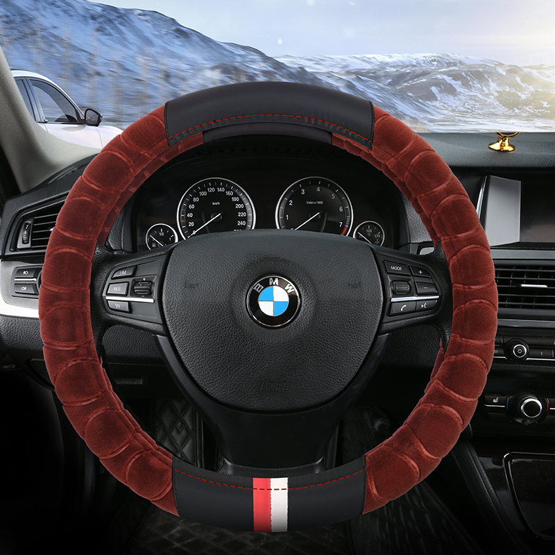 迈古mg时尚拼接短绒棕色汽车方向盘套冬季短毛绒把套通用型现代大众