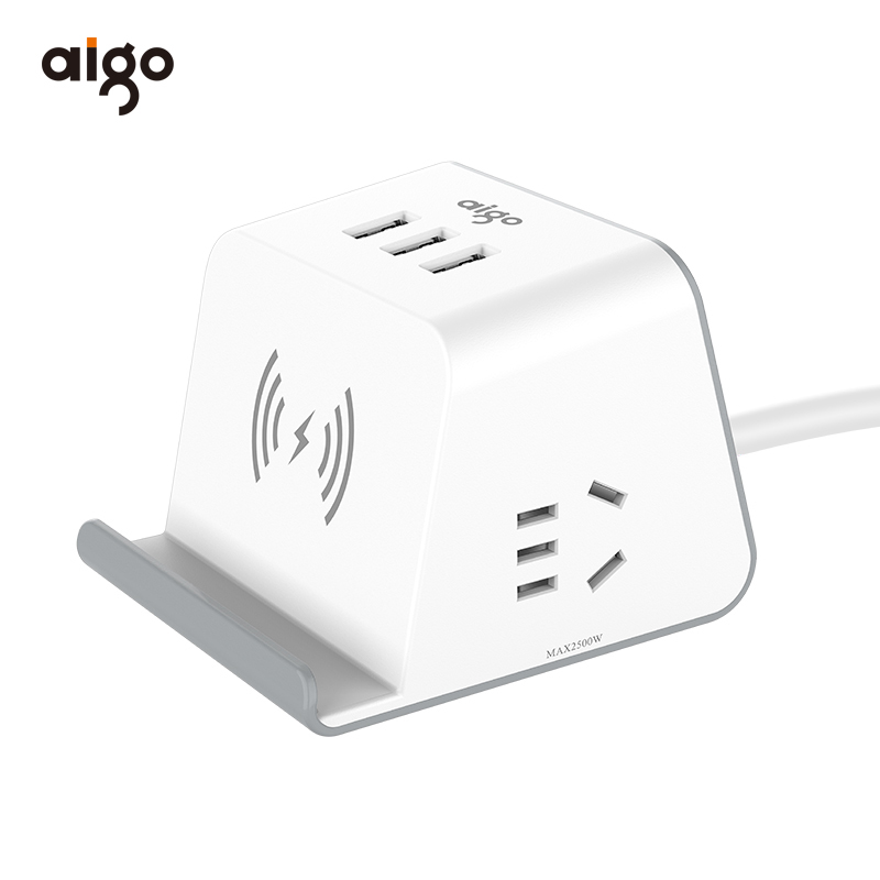 爱国者(AIGO)小魔方无线充电插座 多功能智能USB创意插排/排插1.5米 桌面手机支架插线板 M0230T(白灰)