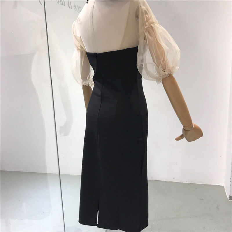 透明网纱半袖拼接假两件连衣裙2018夏季高腰显瘦v领气质a字裙黑色