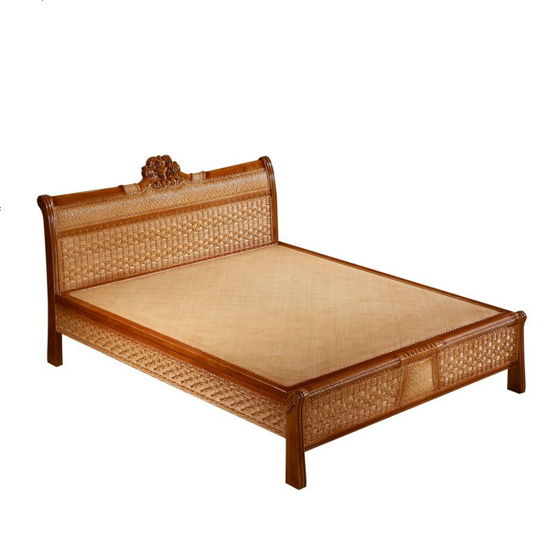 藤床实木双人床1.8米新中式印尼藤编大床酒店卧室成套藤家具组合报价_
