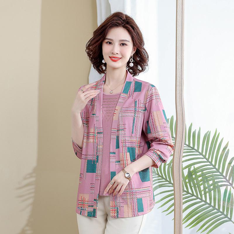 妈妈秋装上衣新款套装40岁50中老年女装春秋季两件套洋气打底小衫_515高清大图