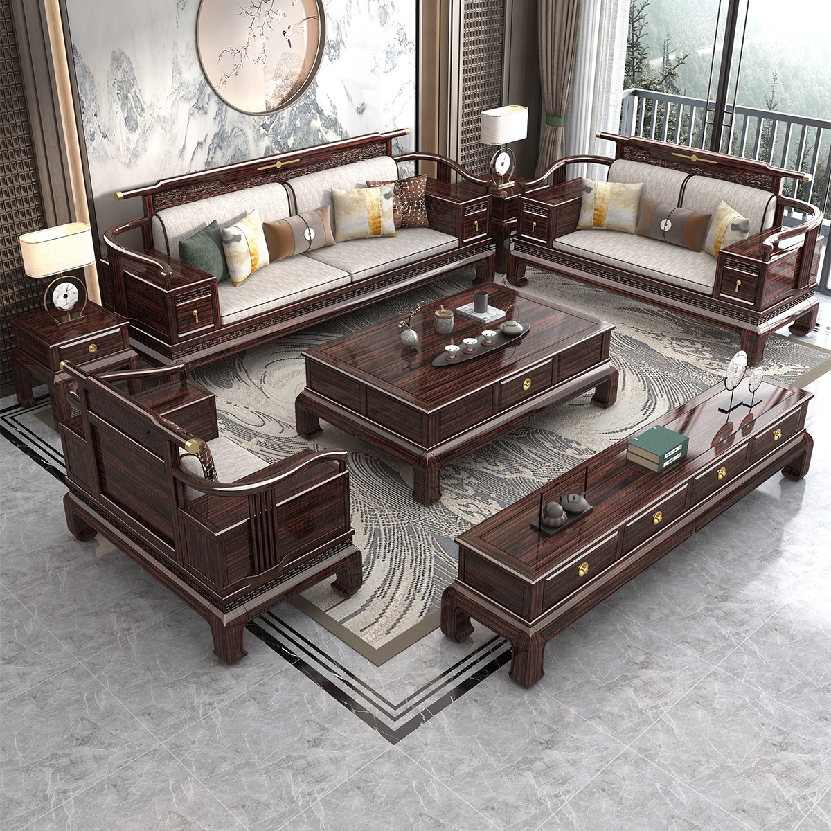 月影梳桐新中式全实木沙发乌金木现代轻奢别墅客厅大小户型中国风沙发