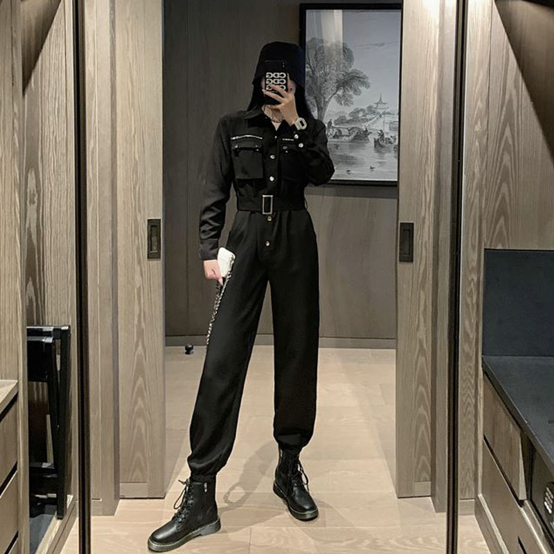 恋名媛连体裤女秋网红同款帅气女装单排扣收腰显瘦黑色工装连体衣套装