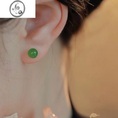 JiMi古风和田玉耳钉女轻奢小众高级感养耳洞银耳饰2023年新款百搭耳田 菠菜绿8mm一对