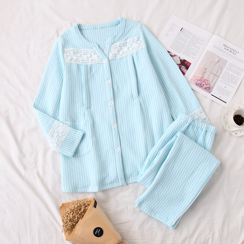 秋冬新款纯棉空气层蕾丝透气孕妇哺乳衣 睡衣家居服套装月子服
