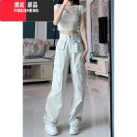 YIBUSHENG美式复古白色工装裤女春秋新款直筒宽松阔腿高腰显瘦休闲牛仔休S L 白色