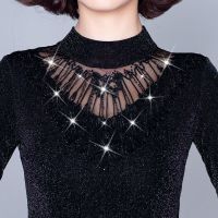 加绒/不加绒打底衫女长袖网纱t恤女小衫秋冬新款保暖蕾丝上衣