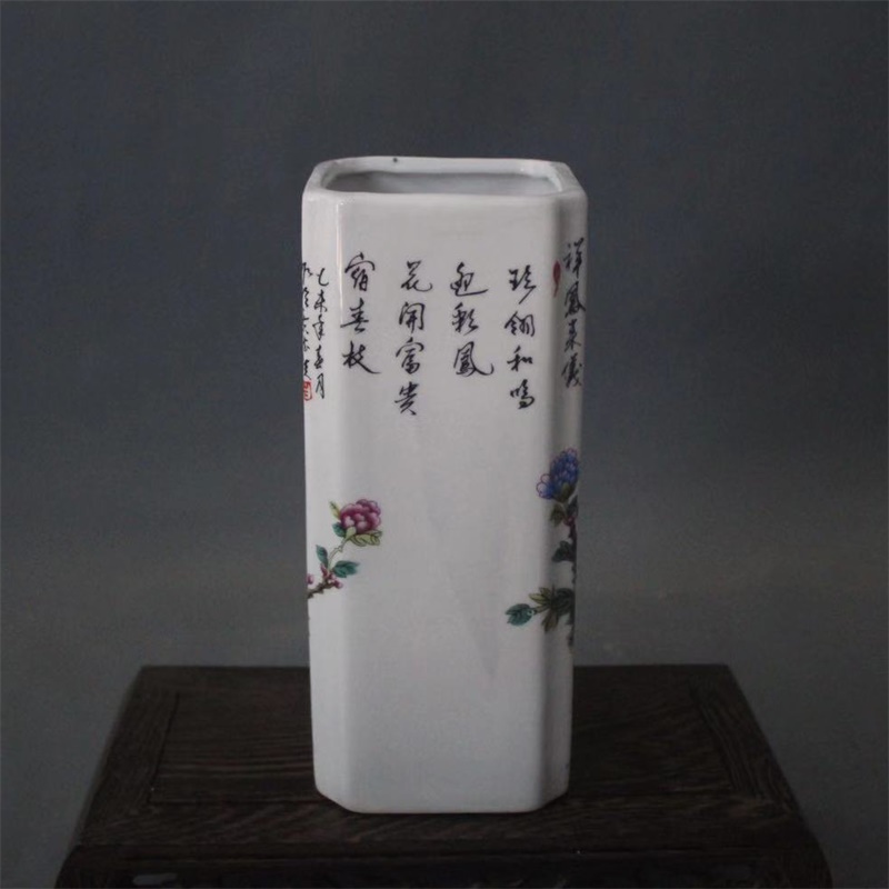 美帮汇景德镇仿古陶瓷乾隆粉彩祥凤来仪花鸟四方高笔筒家居桌面收纳摆件高清大图