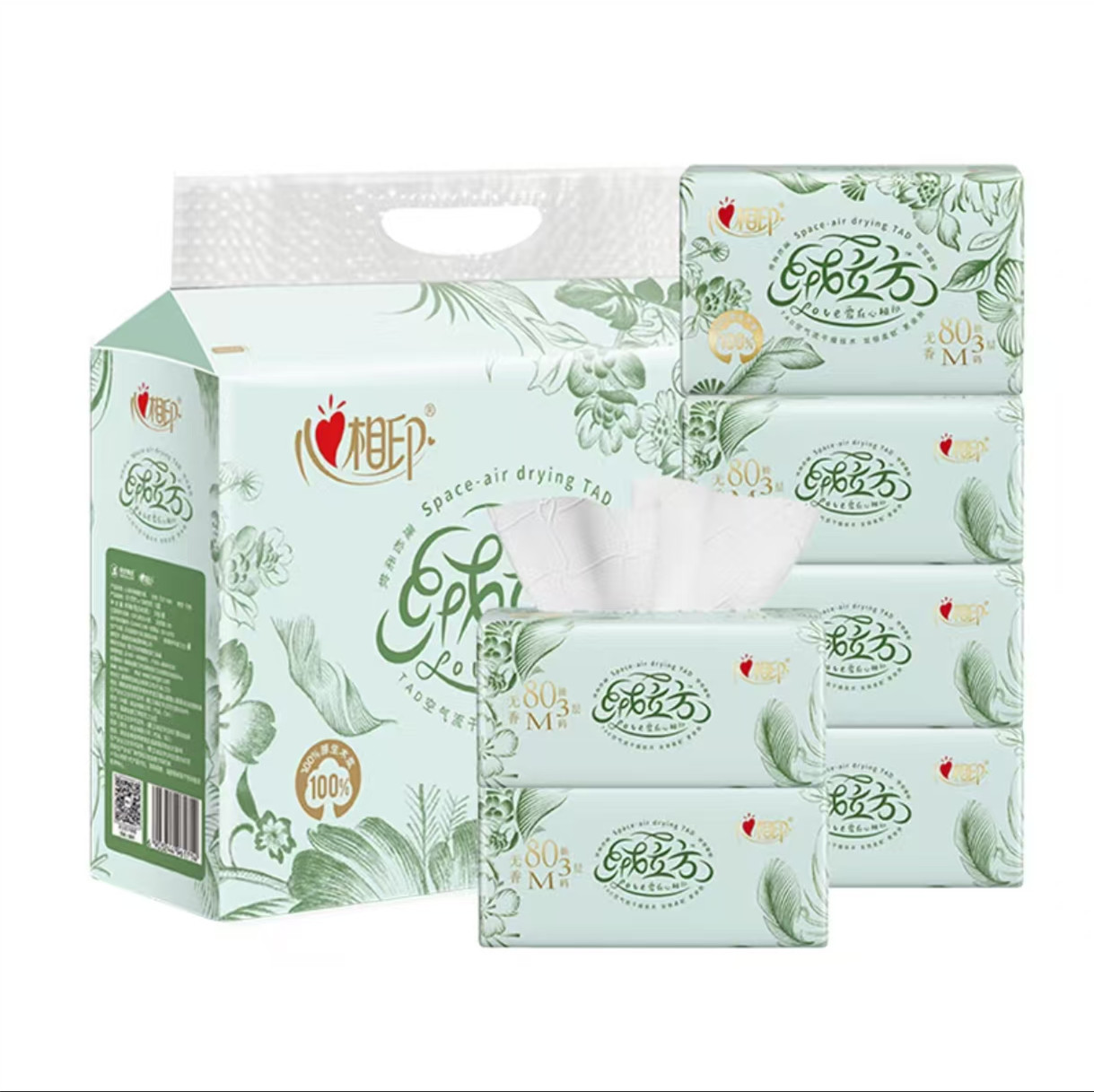 心相印(Mind Act Upon Mind)绒立方抽纸M码三层80抽*6包