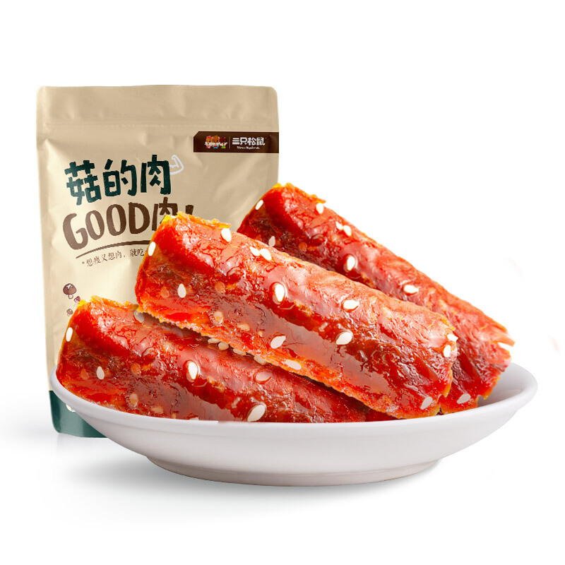 厂家直营店三只松鼠红休闲零食特产麻辣味香菇肉即食蔬菜菇的肉220g