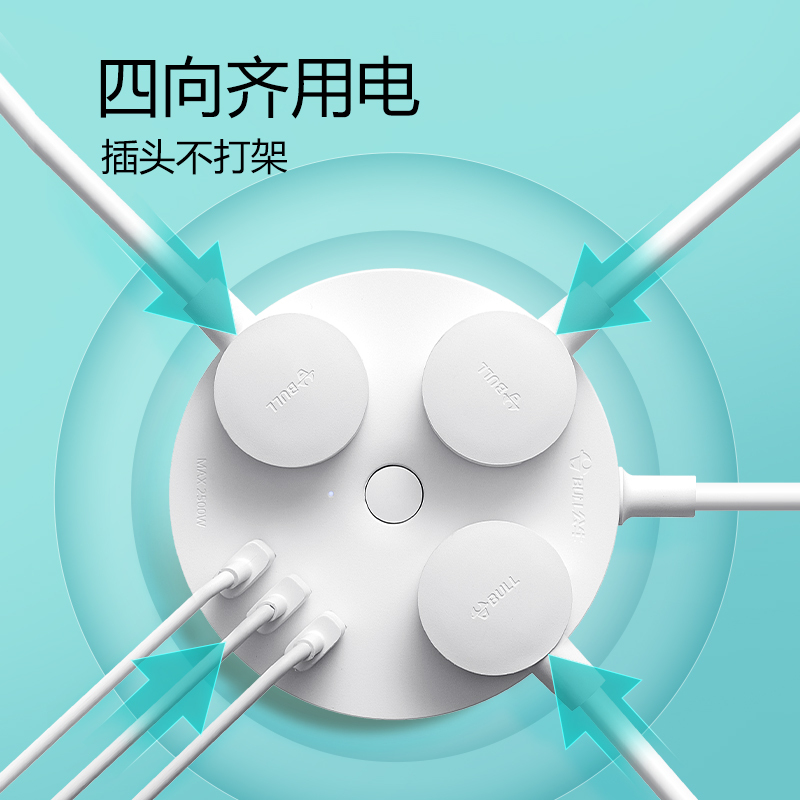 bull公牛圆形插座面板多孔家用爬墙桌面排插宿学生舍带线圆盘拖插线板
