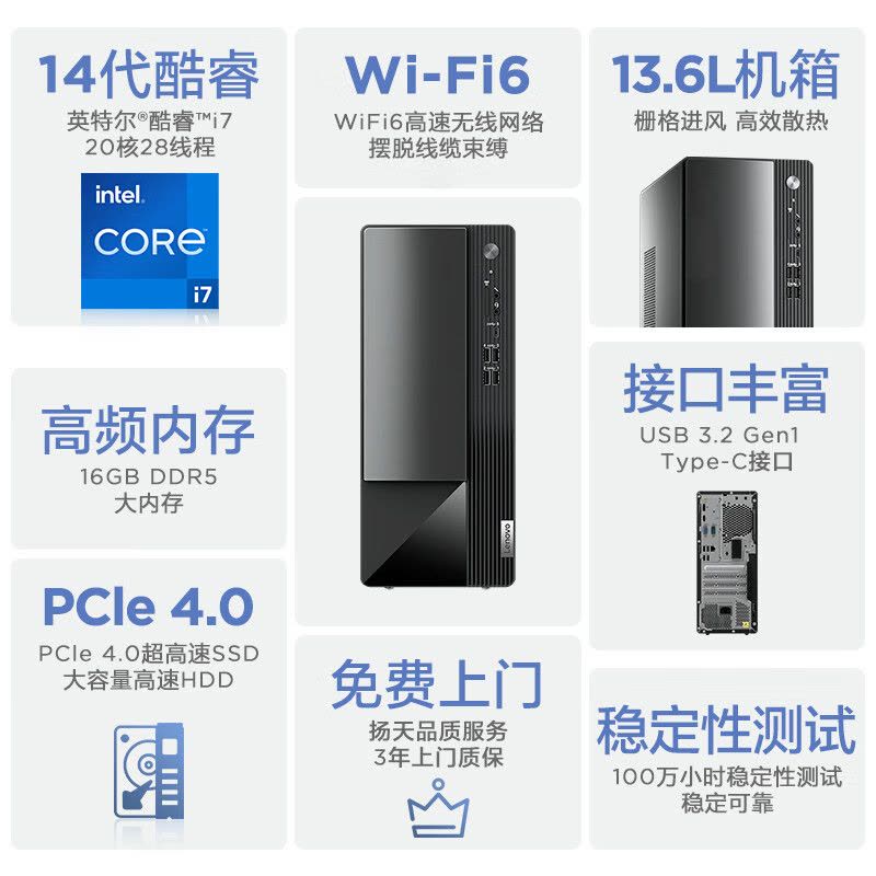 联想(Lenovo)扬天M460 商用办公台式机电脑整机 (酷睿14代i7-14700 16G内存 DDR5 512G固态)配23.8英寸显示器图片