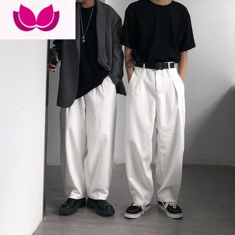 七斓港风古着痞帅白色牛仔大码长裤男ins日系oversize宽松显瘦阔腿裤图片