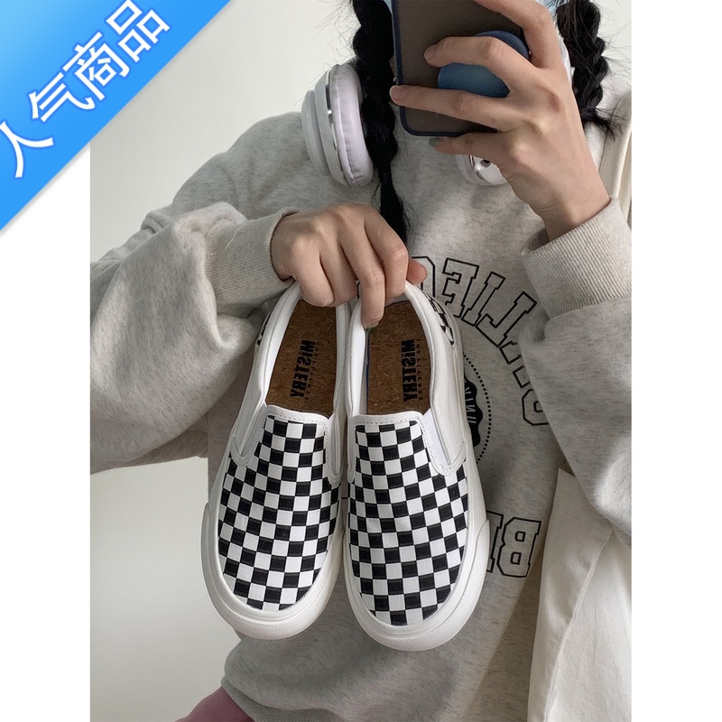 SUNTEK厚底帆布鞋女夏季2023新款懒人鞋女一脚蹬格子鞋学生百搭增高板鞋