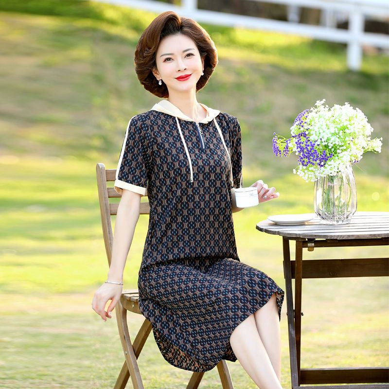 斯尔丽妈妈洋气休闲连衣裙中年妇女装夏装中老年气质直筒裙子高