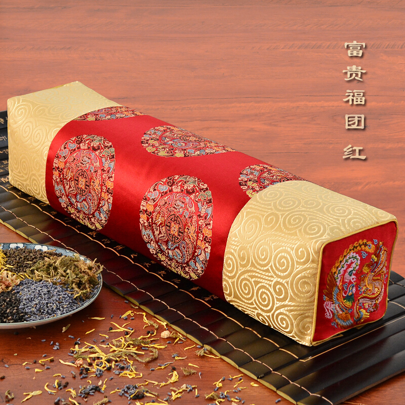 梦逸美仿古长方形绣花中国风护颈椎修复专用式花荞麦皮枕头 富贵福团红