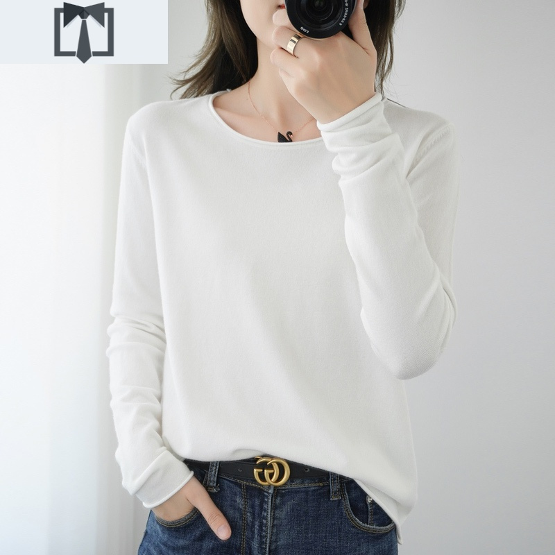 SUNTEK秋冬新款毛衣女圆领卷边套头长袖打底针织衫百搭保暖内搭毛衫短款毛衣