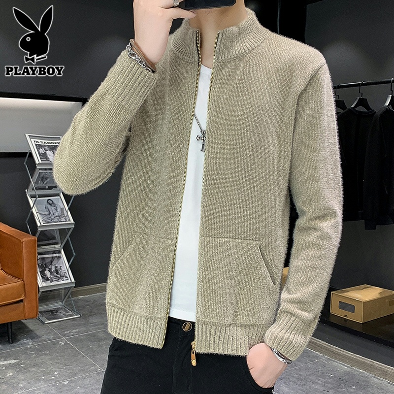 花花公子开衫毛衣男士立领夹克外套2025年春季新款水貂绒针织0新高清大图