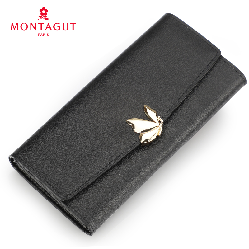 梦特娇钱包女 真皮长款 女士三折牛皮钱包 蝴蝶装饰 时尚百搭 新款