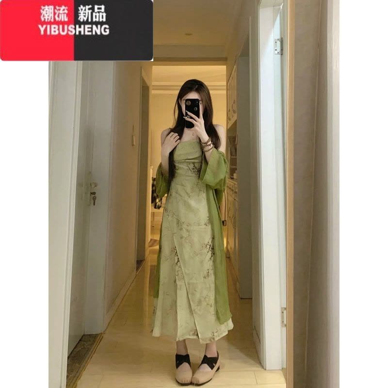 YIBUSHENG新中式国风复古挂脖碎花吊带连衣裙女季气质长裙子防晒开衫套装图片