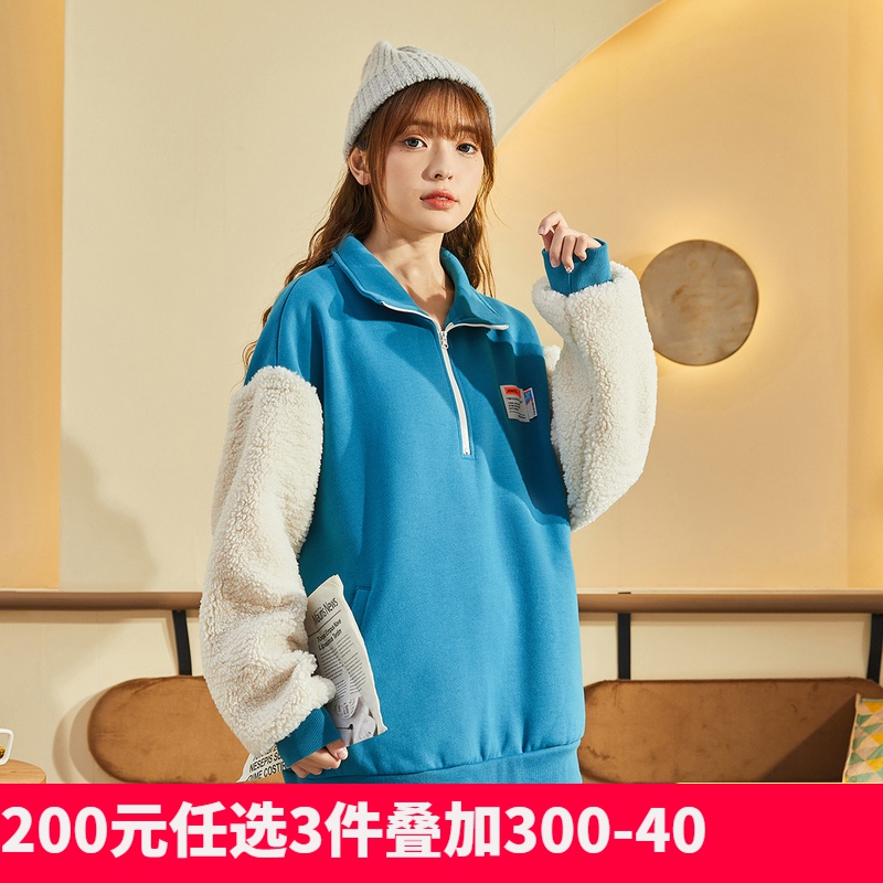 [1折价52.9元叠加优惠券]唐狮秋冬新款加绒卫衣女韩版拉链宽松高领上衣潮酷小个子外套