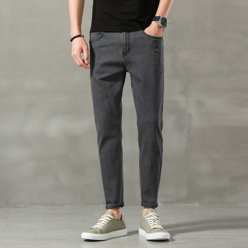 YUANSU秋季男士牛仔裤男修身小脚直筒休闲烟灰色弹力黑色九分裤潮流百搭休闲裤