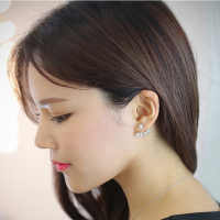 韩国时尚 后挂式不对称仿锆石珍珠耳钉 925银针耳钉送女朋友七夕情人节礼物