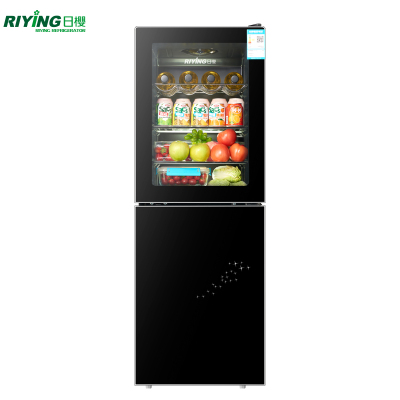 日樱(RIYING)160升小型冰柜冰吧 双门家用冰箱 透明玻璃电冰箱 冷藏展示柜 时尚黑色冰吧红酒茶叶BCD-160D