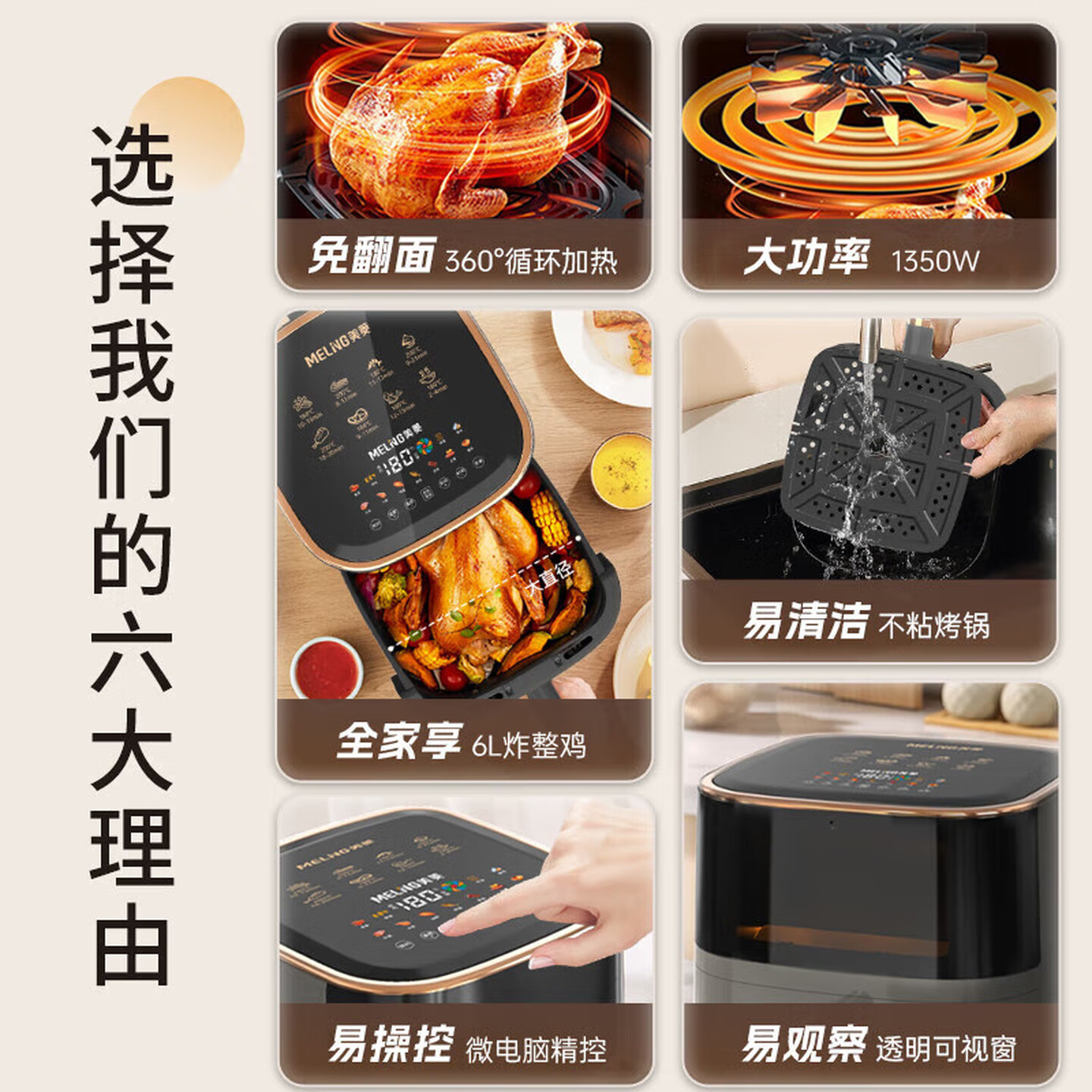 美菱空气炸锅家用6L大容量多功能无油炸锅3D热风循环电子触控8大菜单智能温控MZG-503A黑色6L电子款高清大图