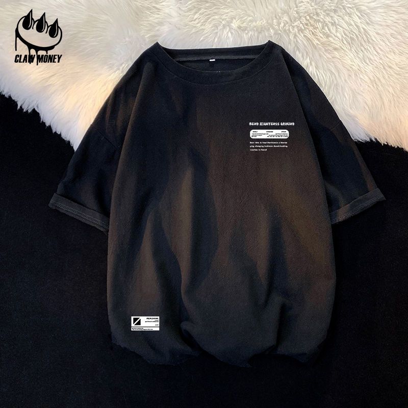 Claw money宽松休闲棉麻短袖T恤男夏季潮牌亚麻五分袖学生半截袖