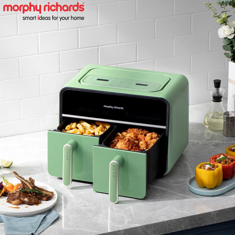 摩飞电器(Morphyrichards)空气炸锅MR8100 薄荷绿 家用8L大容量可视双炸篮多功能空气炸烤箱