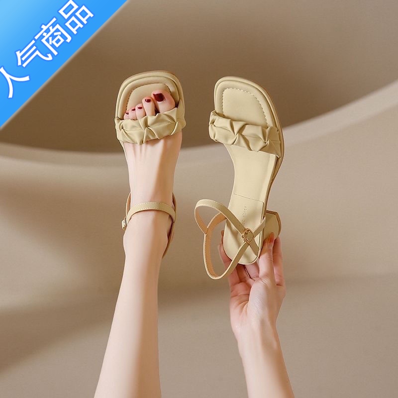 SUNTEK真软皮包头凉鞋女2023新款法式仙女风罗马小众粗跟一字带时尚女鞋高清大图