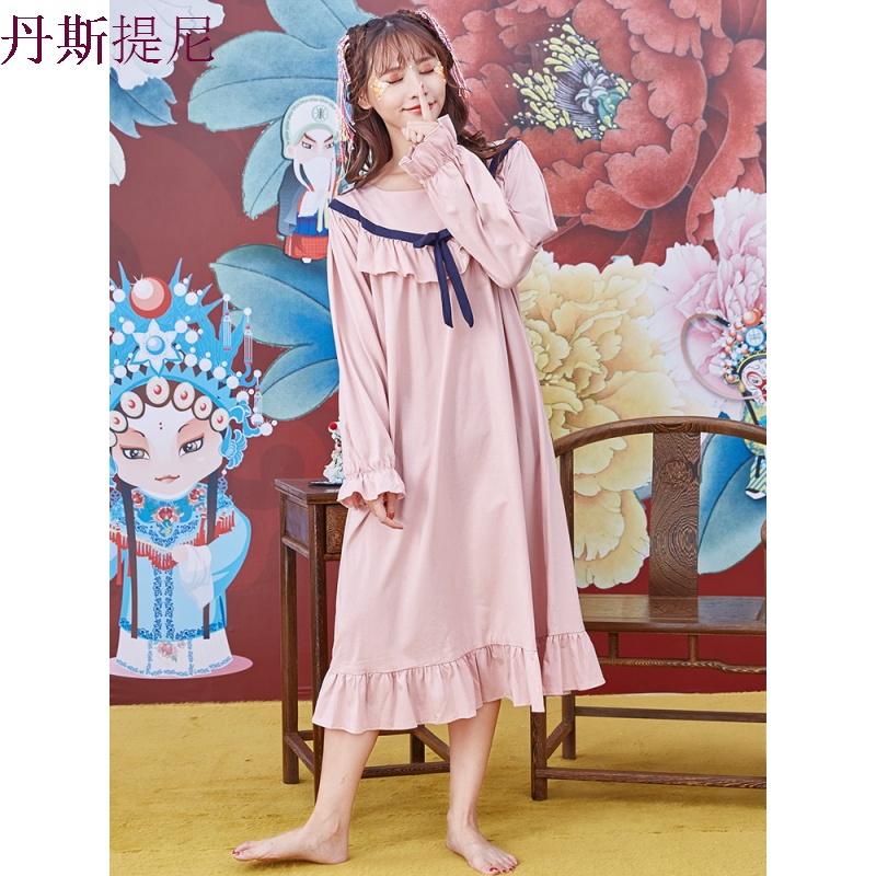 长袖可爱睡裙女秋纯棉韩版清新蕾丝公主睡衣长款家居服春夏季大码