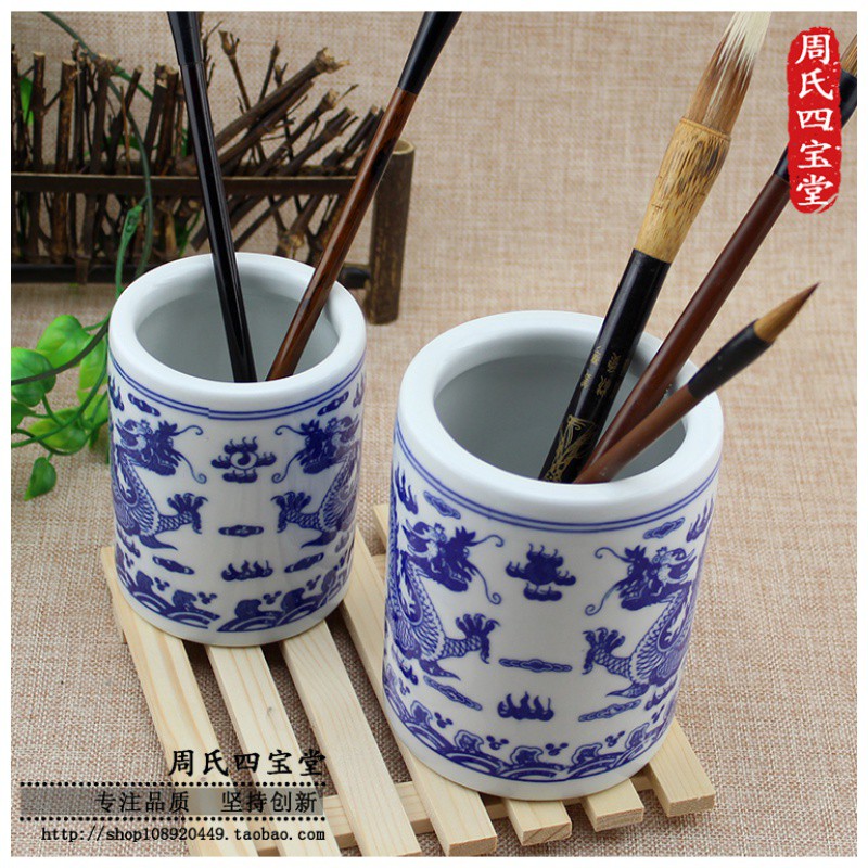 陶瓷笔筒景德镇青花瓷双龙大号文房毛笔学生办公桌收纳摆件筷子筒 三维工匠 青龙(小号)1个高清大图