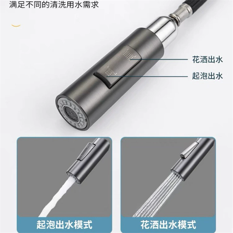 汉德斯科厨房拉伸伸缩水龙头冷热菜盆水槽水龙头铜阀体304不锈钢可抽拉式可旋转双控出水单孔单把带置物篮7016高清大图