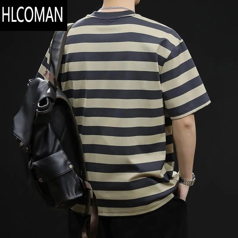 HLCOMAN2024夏季新款宽松大码男款圆领套头体恤潮牌条纹撞色短袖T恤上衣