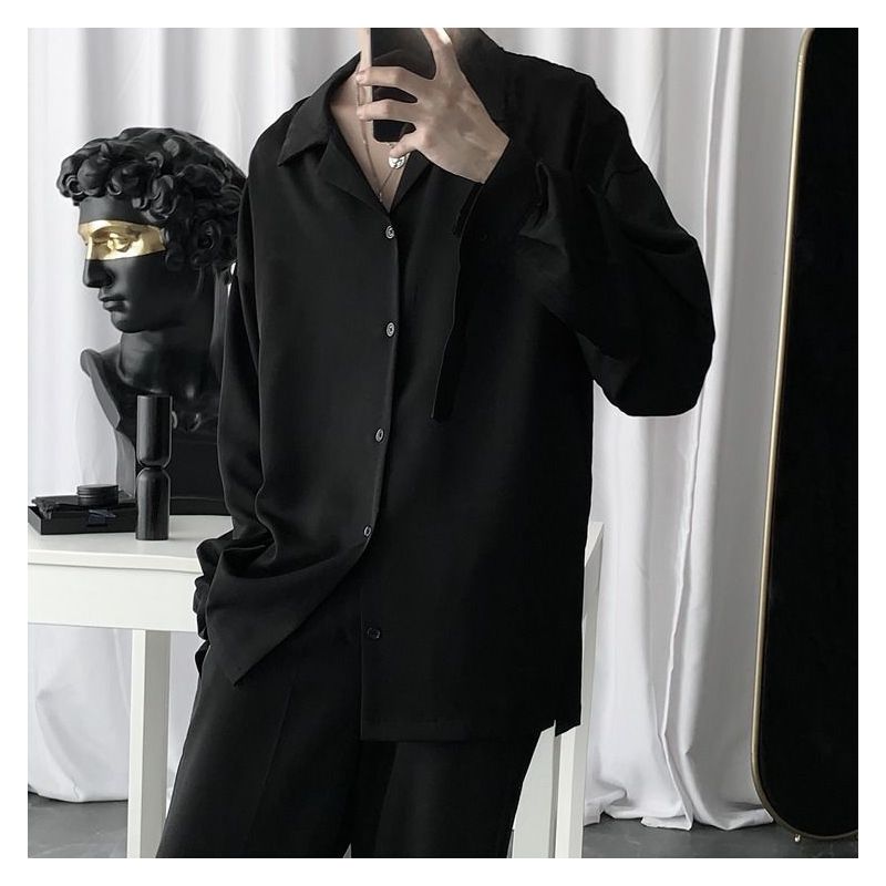 短句先生暗黑禁欲系黑色衬衫男长袖韩版设计感慵懒风气质宽松衬衣