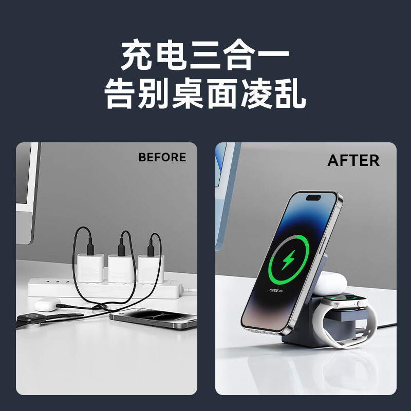 ANKER安克无线充电器三合一15W磁吸qi2认证适用iPhone16promax苹果15手表耳机Y1811*锖色高清大图