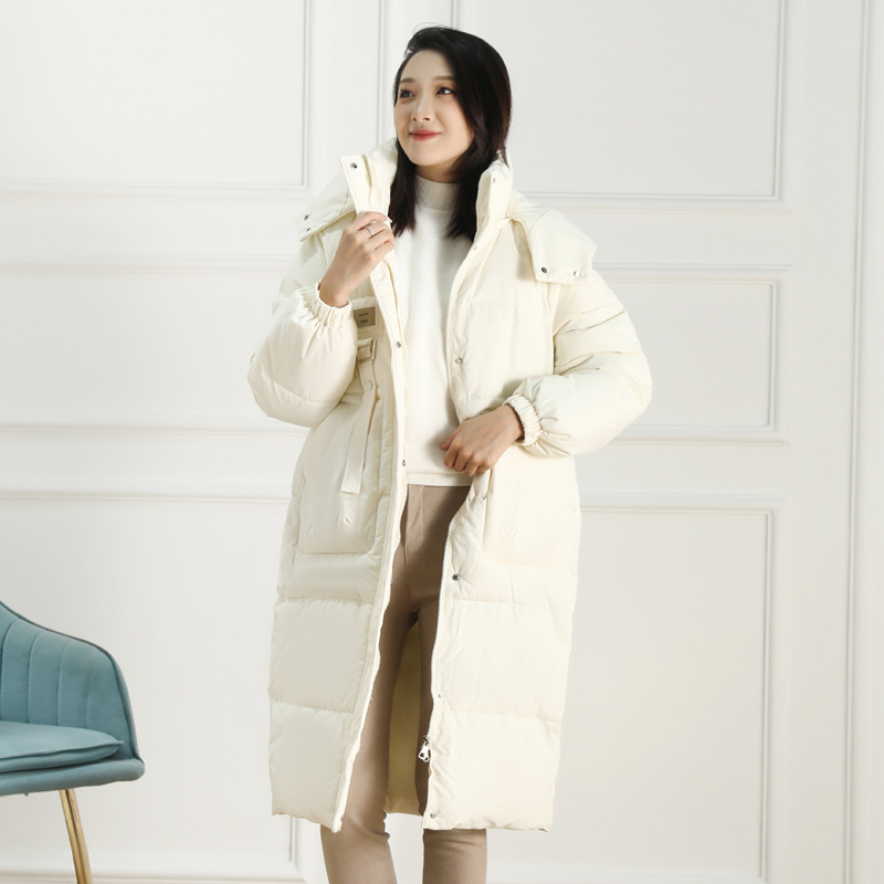 韩版羽绒棉服女中长款冬季2023年新款过膝面包服加厚棉衣外套 米白色 L