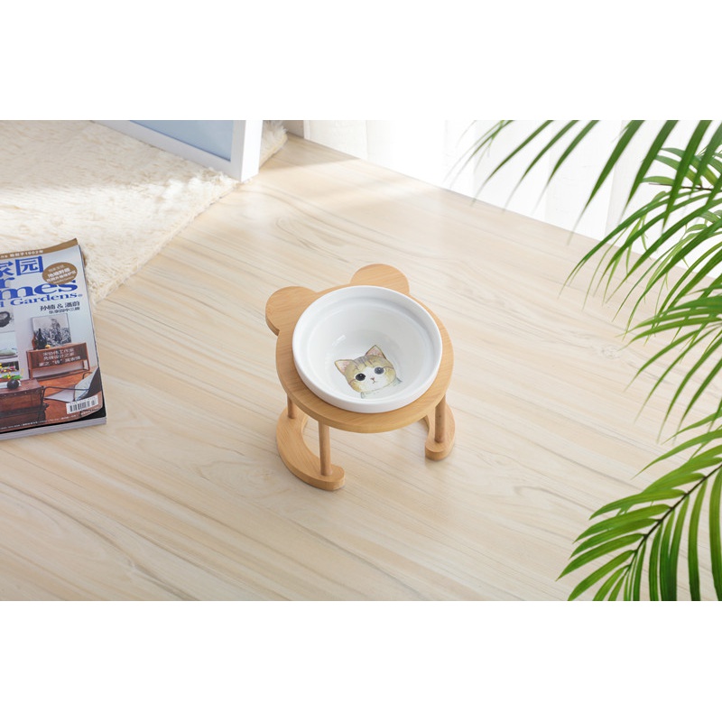 猫碗高脚猫咪喂食碗保护颈椎斜口狗碗可爱猫盆双碗陶瓷饮水宠物 可爱竹木黄猫+单碗套装 猫咪/小型犬