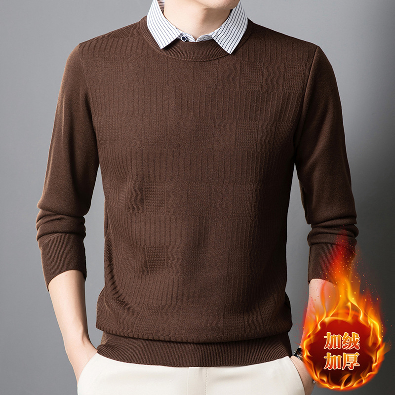 假两件毛衣男加绒加厚冬季新款中年翻领保暖长袖打底男士针织衫_210 咖色 XXXL/125