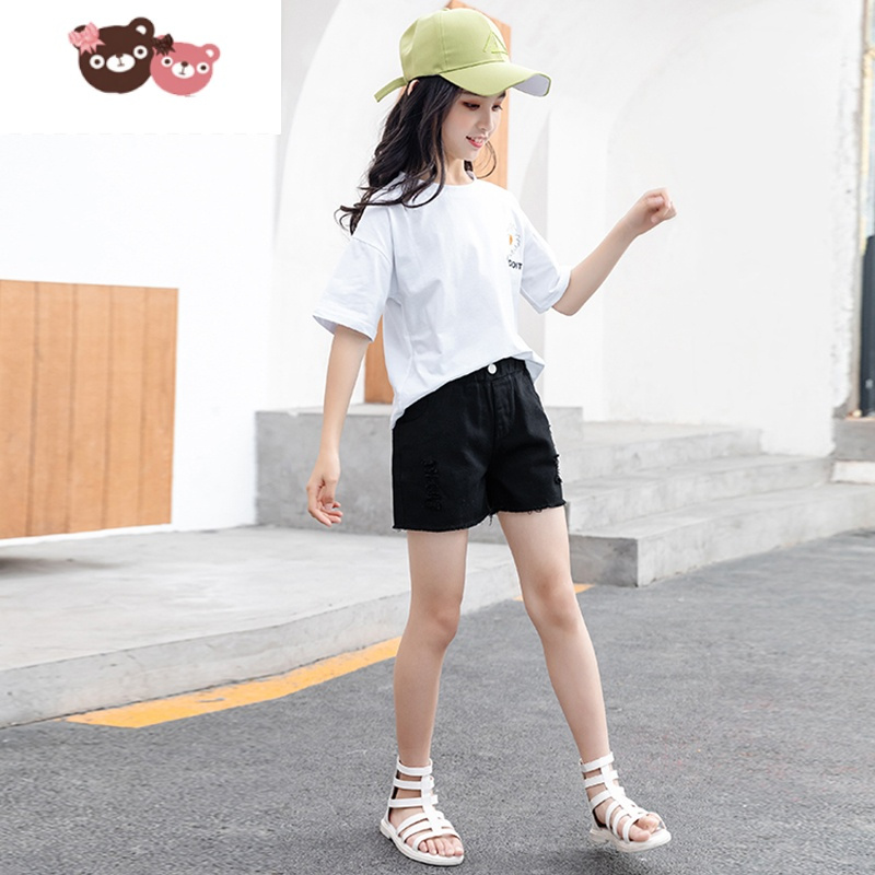 绿彩虹光女童裤子夏装薄款宽松黑色休闲棉短裤中大童儿童夏季新款外穿