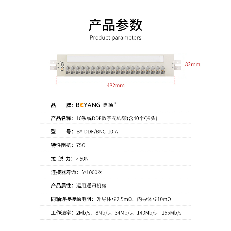 博扬 10系统DDF数字配线架19英寸 BNC端子单元板 2M两兆E1同轴电缆接头终端连接器含40个Q9头