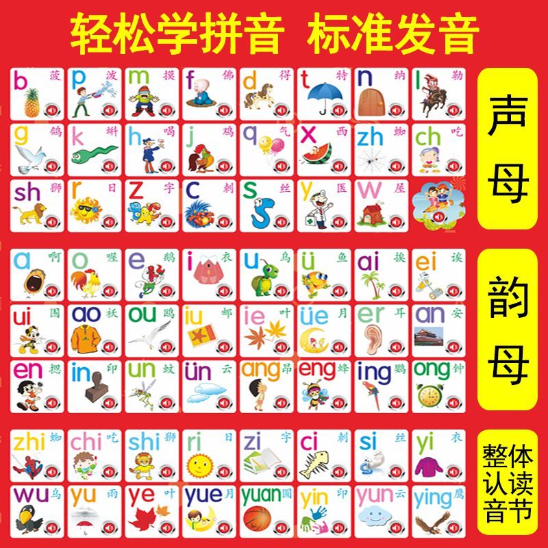 小孩学拼音字母单面神器墙挂大班20197学习图片韵母表彩色4认知卡 人物+动物+水果+1到100+自我认识高清大图