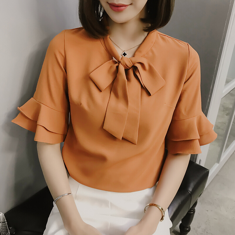 蝴蝶结短袖衬衫女夏2018韩版修身百搭白色衬衣女雪纺衫职业装白色9979